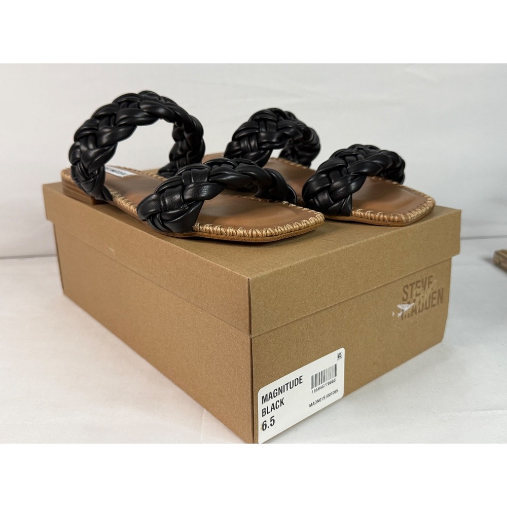 Steve Madden Magnitude Black Braided Slide Sandals Womens 6.5 Woven Flat Slip On
